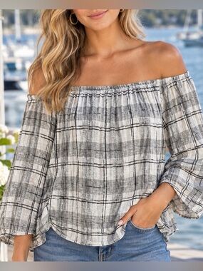 Cloth Stone Top Womens Medium Gray Plaid Off Shoulder Flannel Anthropologie‎ USA